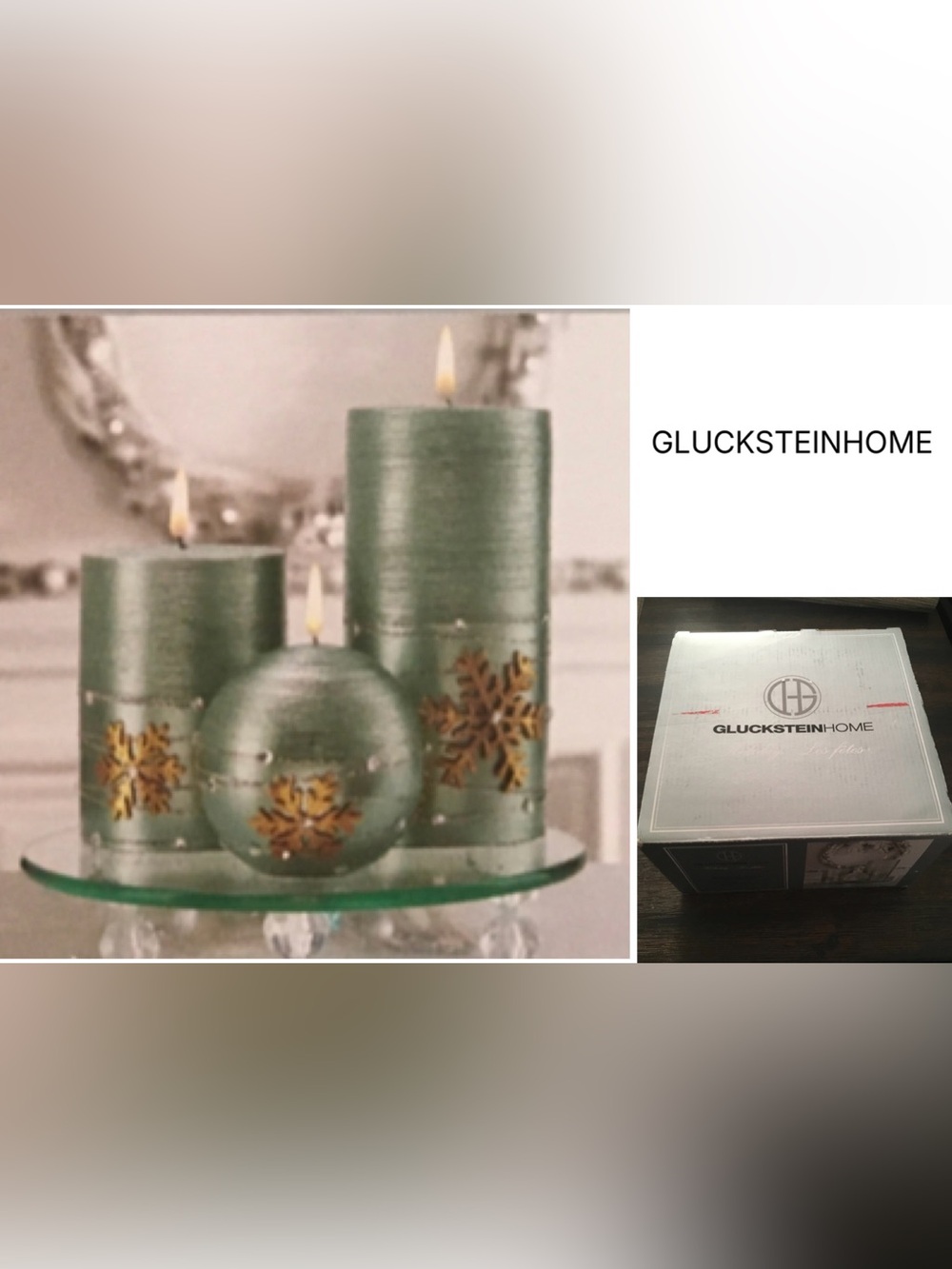 GLUCKSTEINHOME - NWT - SNOWFLAKE PILLAR CANDLE SET